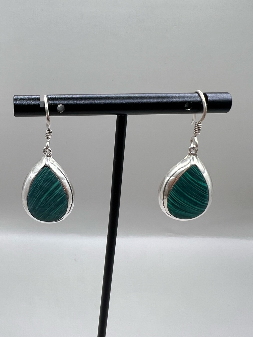 Vintage Sterling Silver Malachite Teardrop Dangle Earrings